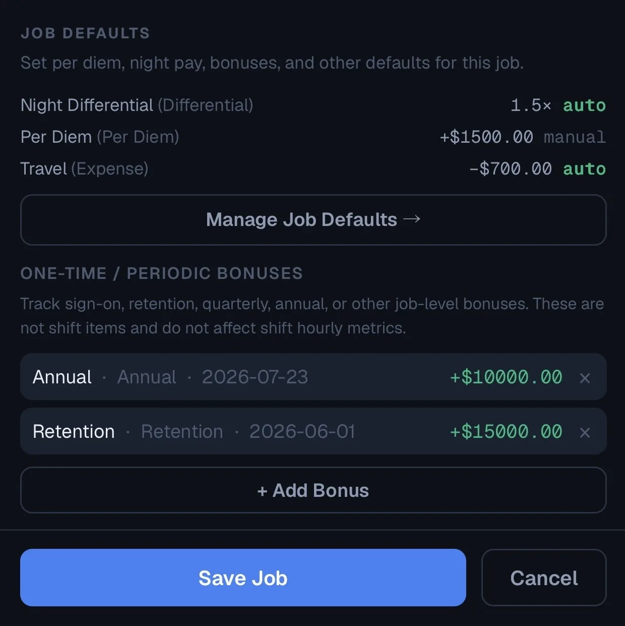 Job defaults screen showing night differential, per diem, travel expense, and one-time job bonuses